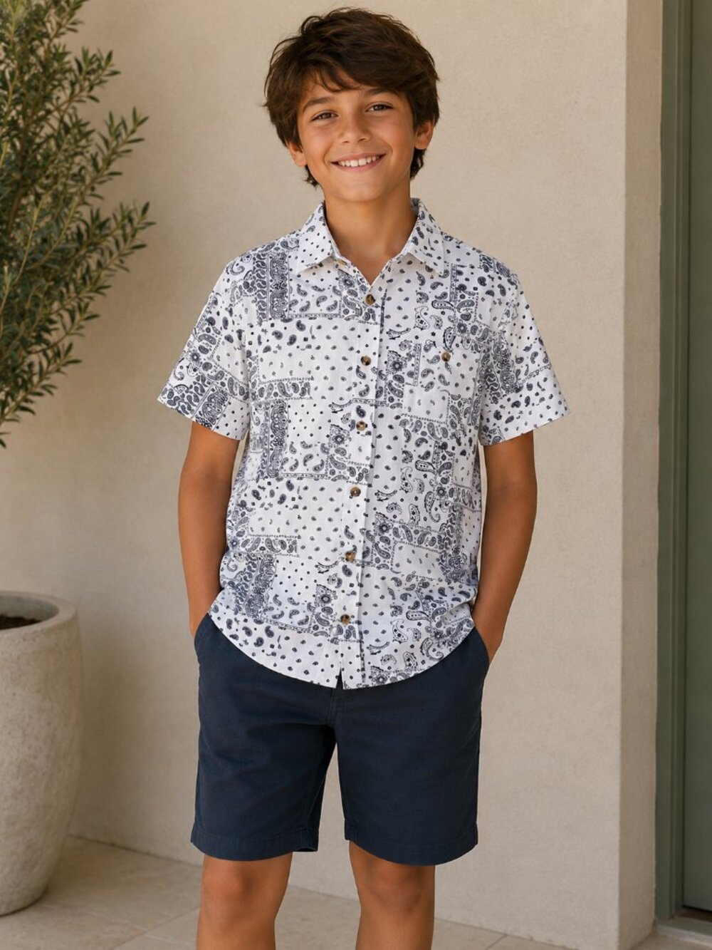 Boys White Short-Sleeve Button-Down Shirt with Black Bandana Print